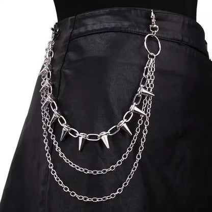 Silver double-layer pants chain with zipper and rivet details measuring 115cm for punk hip hop fashion
