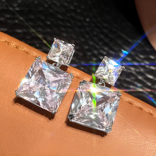 Geometric square copper earrings in white gold or gold colour with quadrilateral design for women
