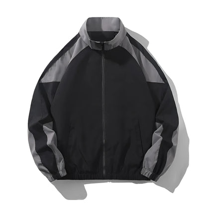 Men's black casual jacket with contrast stitching and side seam pockets for outdoor wear