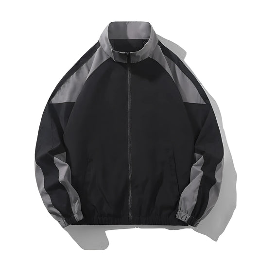 Men's black casual jacket with contrast stitching and side seam pockets for outdoor wear