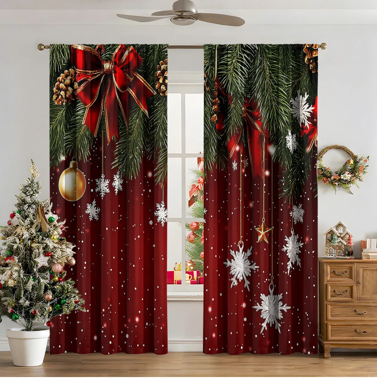 3D digital printed Christmas curtains with festive pattern, available in two sizes with high sunshade function