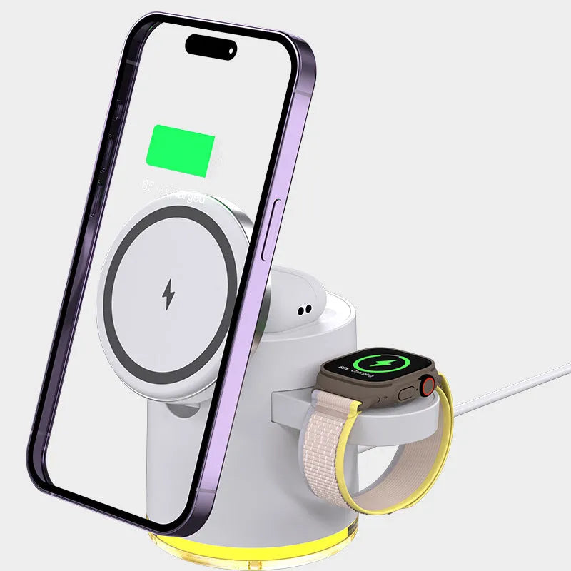 C16 portable magnetic three-in-one wireless folding charger in black and ivory white colours.