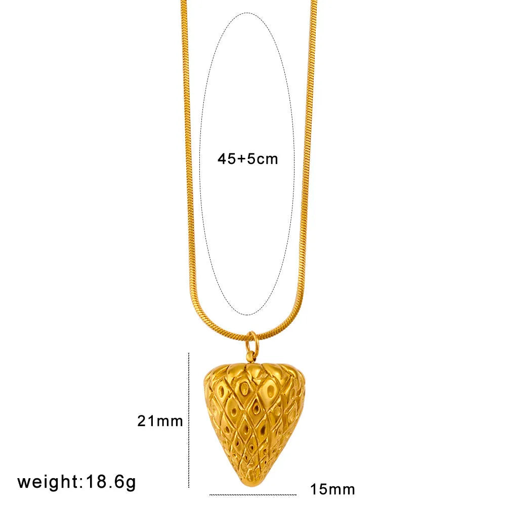 Stainless steel fruit necklace pendant with six design options including apple, grape, watermelon shapes on 40-45cm chain