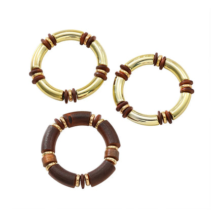 Women's exaggerated multi-layer wooden bead necklace and matching alloy bracelet set on a white background