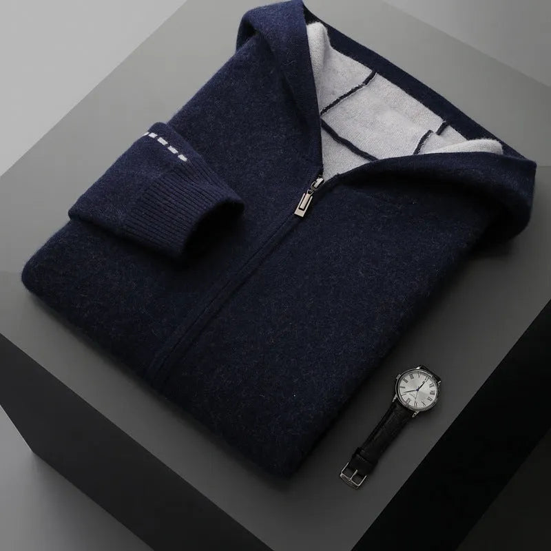 Man's dark blue zip-up cashmere cardigan with a half-high collar, shown on a hanger.