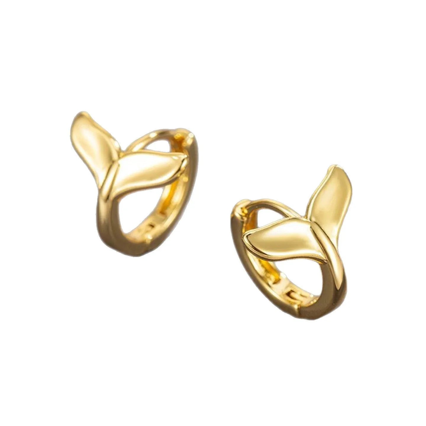 A pair of women's simple fishtail drop earrings with a gold electroplated finish on a copper base.