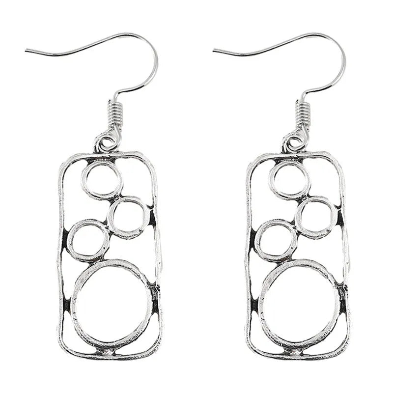 Antique silver zinc alloy round ring earrings with irregular geometric square design
