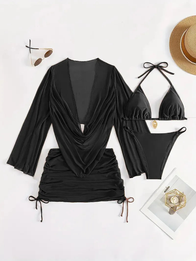 Women's dark brown lace-up front backless bikini set on a mannequin.