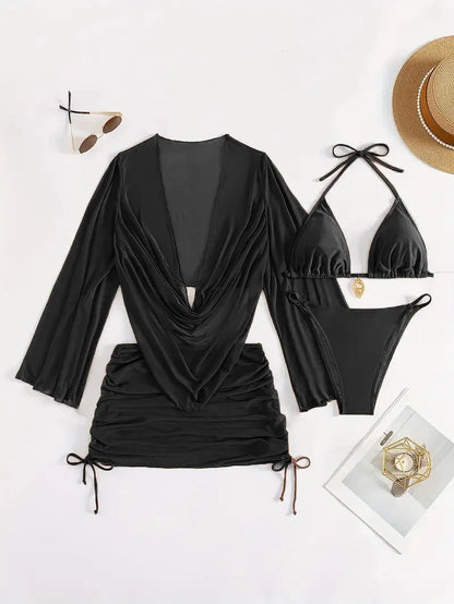 Women's dark brown lace-up front backless bikini set on a mannequin.