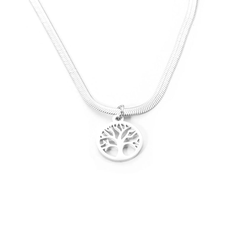 Stainless steel lucky tree clavicle chain necklace with adjustable 51-60cm length and snake bones chain design, featuring a titanium steel pendant in gold or steel colour options for unisex wear.