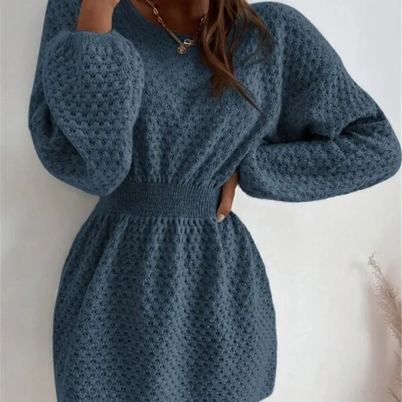 Blue women's dress with hand-crocheted floral details, fitted waist, and 65cm length
