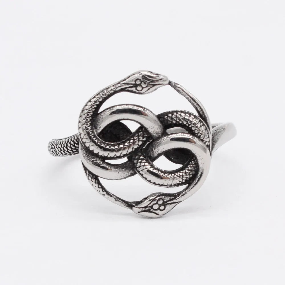 Titanium steel double snake ring in steel colour with retro design, shown on a finger.