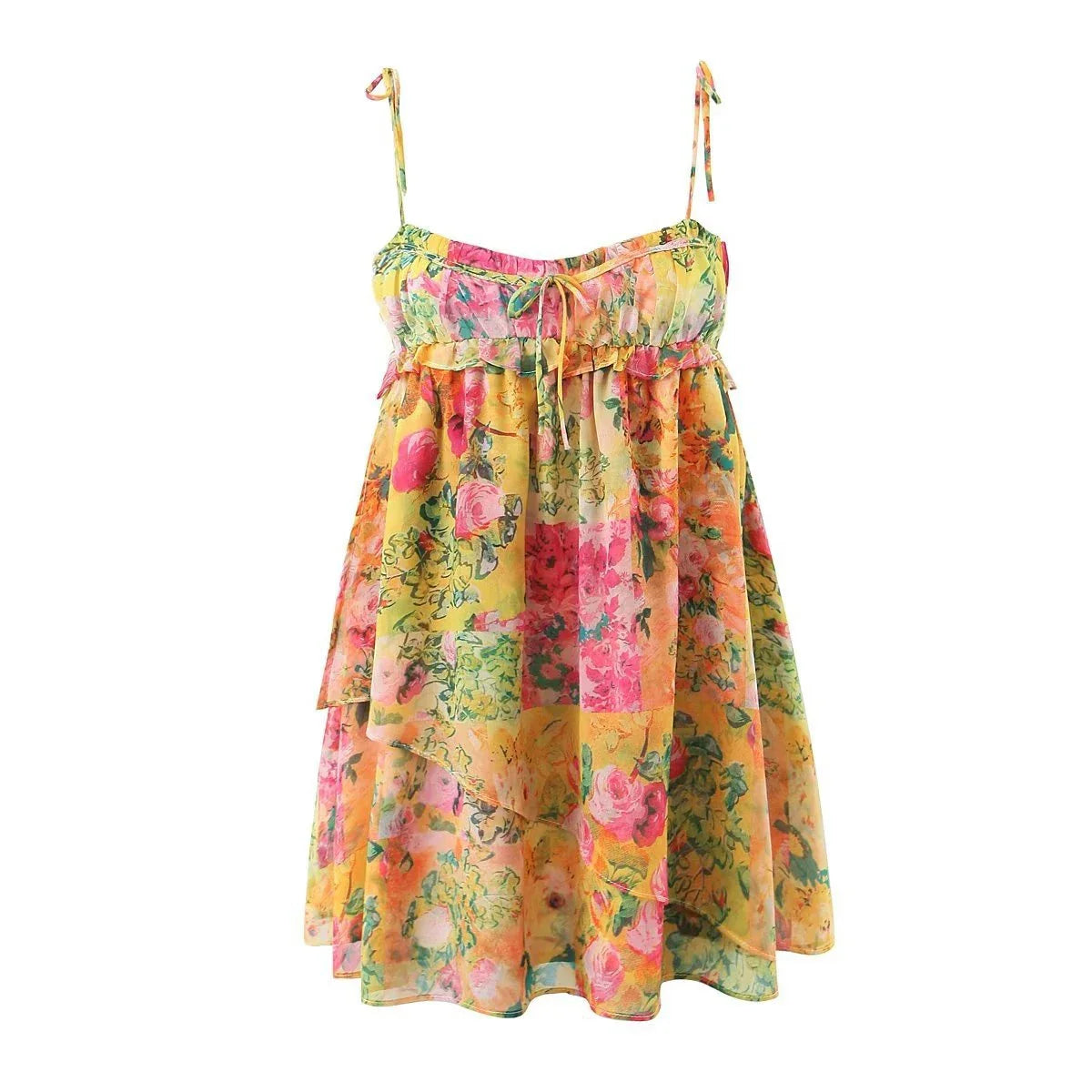 Elegant floral suspender dress with adjustable straps and A-line silhouette, perfect for summer fashion