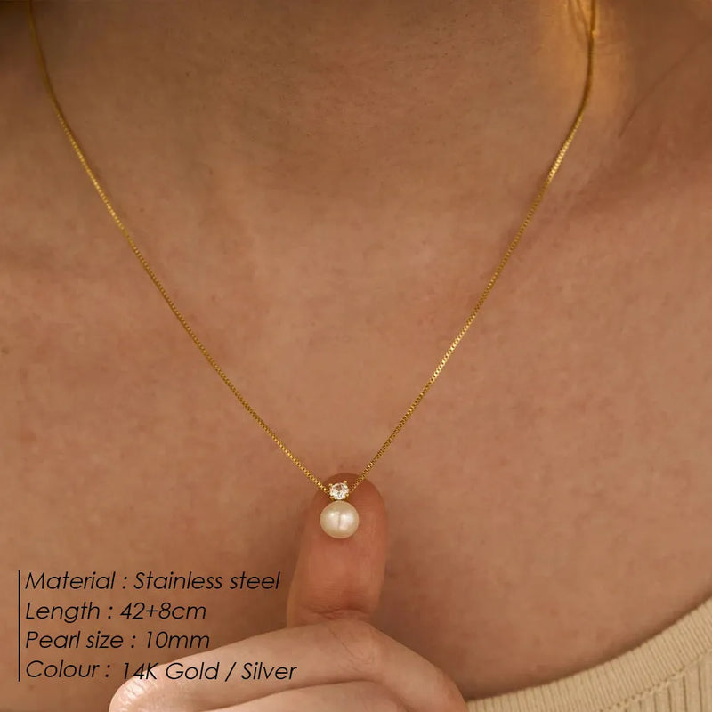 Women's stainless steel necklace with imitation pearl and zircon pendant featuring a box chain design available in gold and steel colour options with New Chinese style elements suitable for women's fashion accessories