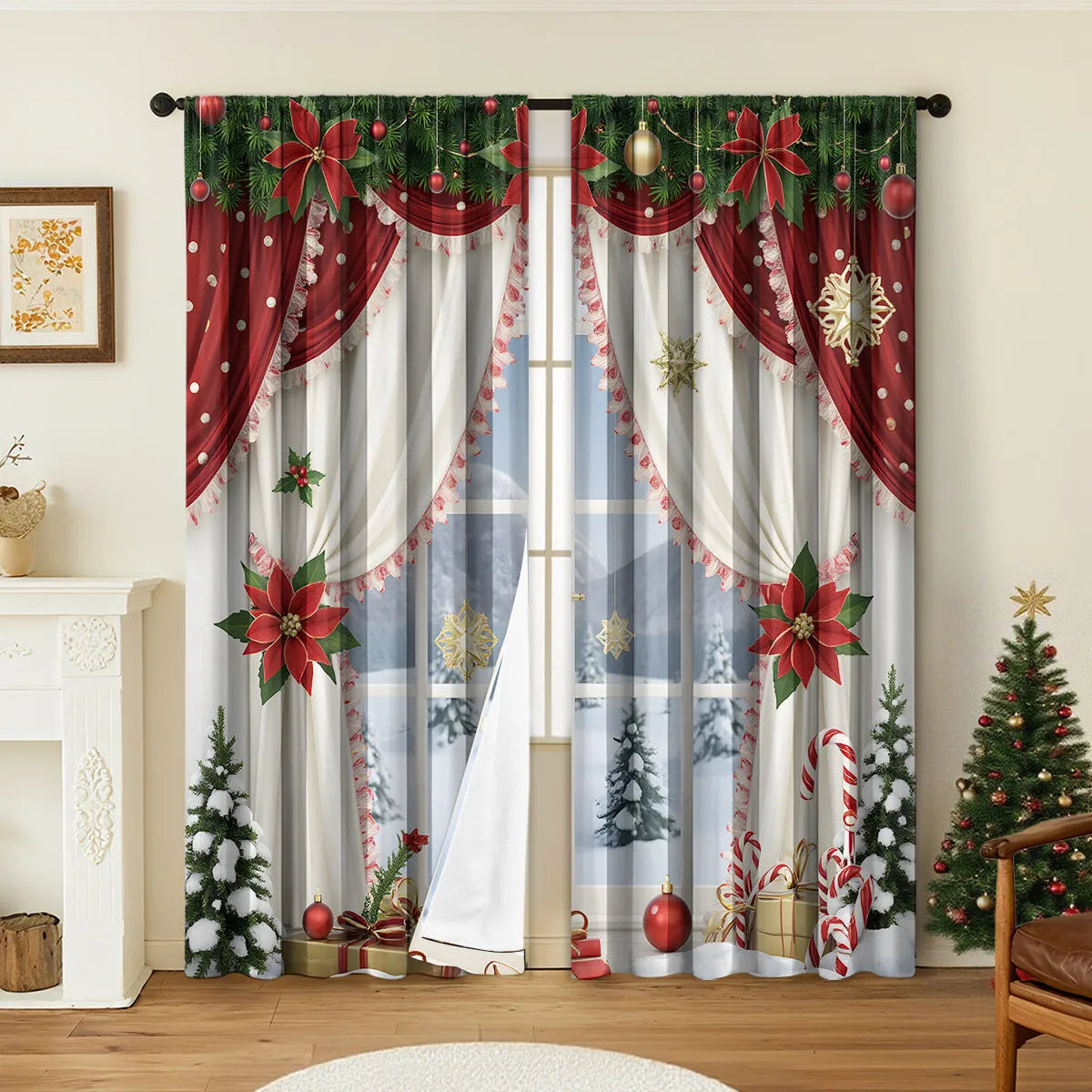 Pair of 3D digitally printed Christmas pattern curtains hung on a window.