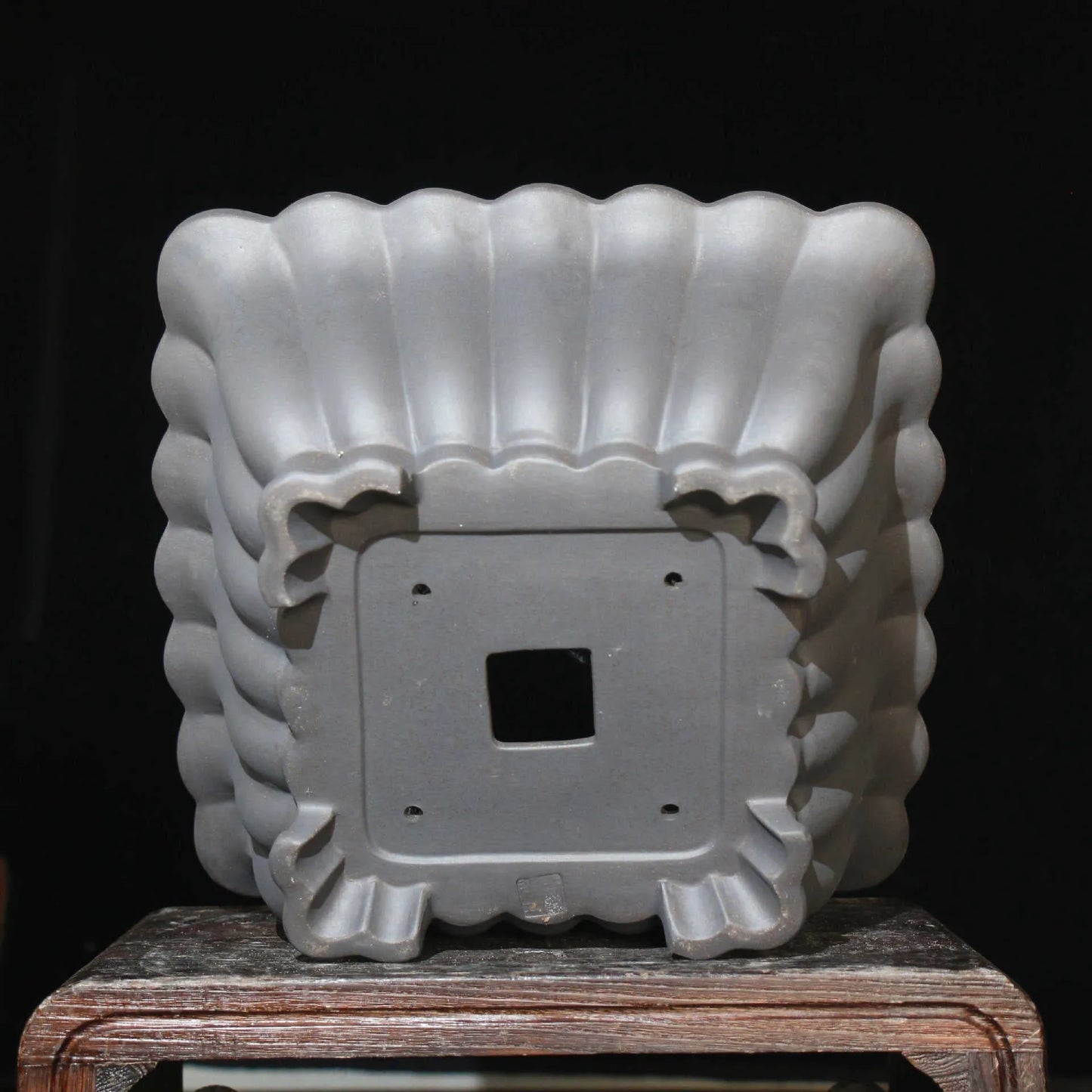 Square purple sand ceramic bonsai pot with 37cm diameter on desktop with small plant