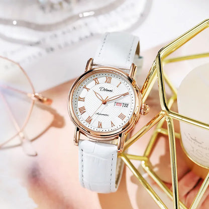 Women's automatic mechanical watch with 12mm thickness showing steel belt and leather strap options in various colours