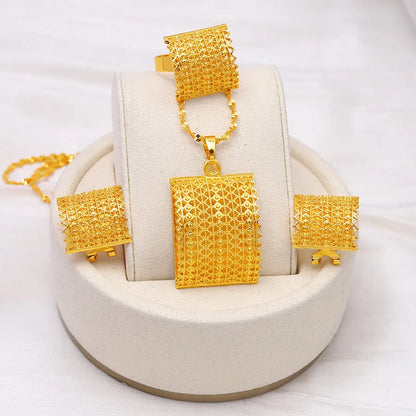 Gold colour bridal jewellery set with necklace, earrings and ring combination