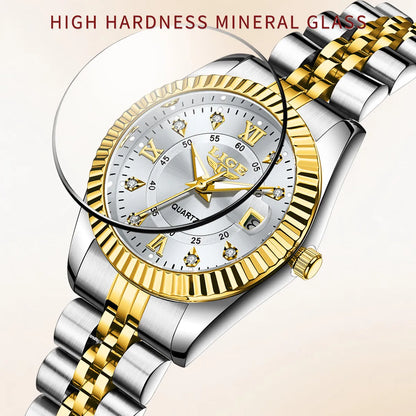 Waterproof leisure couple quartz watch in gold white colour with 10mm thickness on wrist