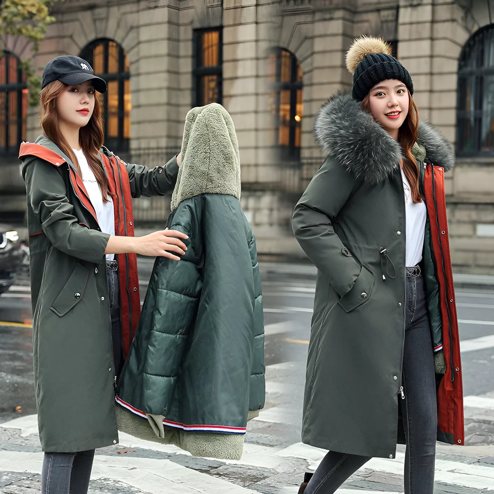 Long white women's fleece trench coat with down cotton padding on a hanger.