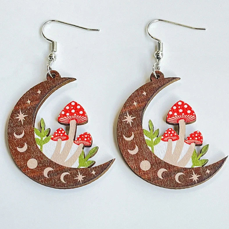 Brown wooden mushroom earrings with detailed printing, nickel-free posts, 2.5cm height