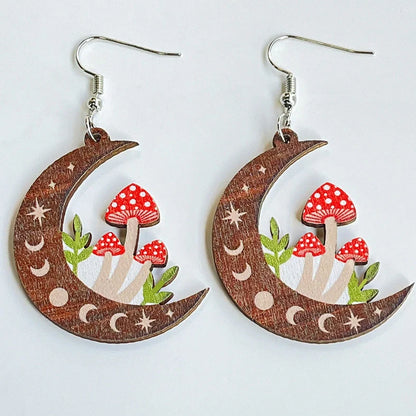 Brown wooden mushroom earrings with detailed printing, nickel-free posts, 2.5cm height