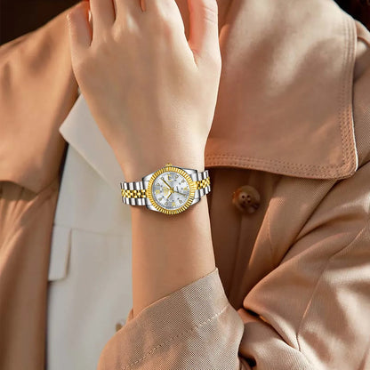 Waterproof leisure couple quartz watch in gold white colour with 10mm thickness on wrist