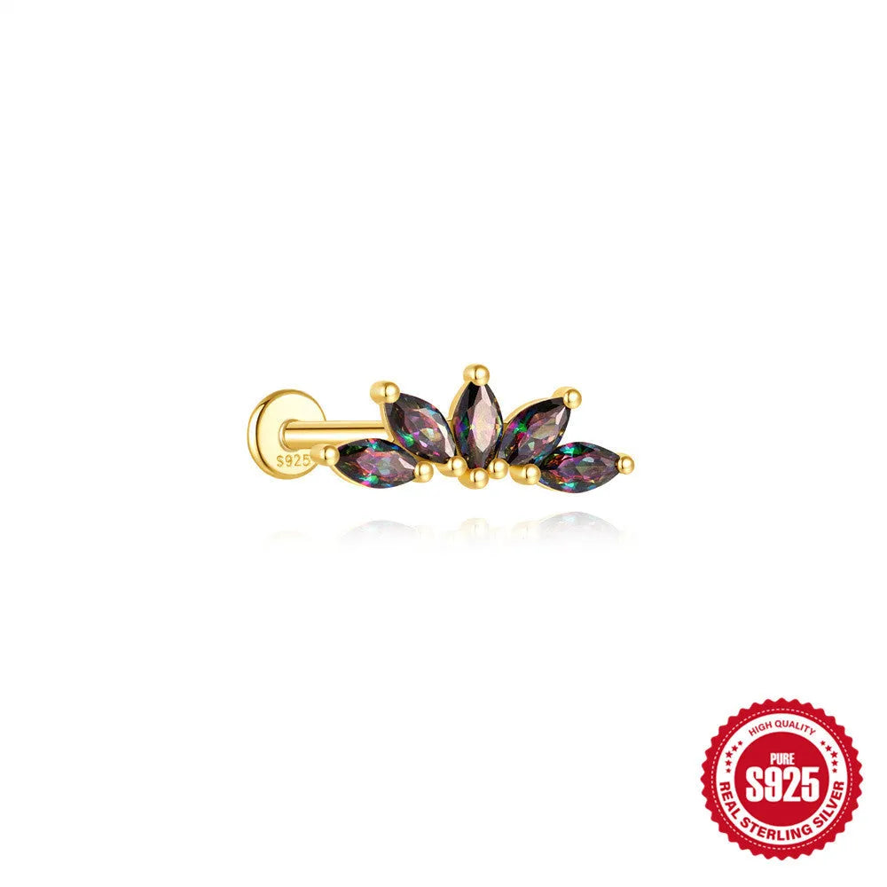 S925 sterling silver flat head thread piercing earring with super shiny rainbow stone, gold colour.