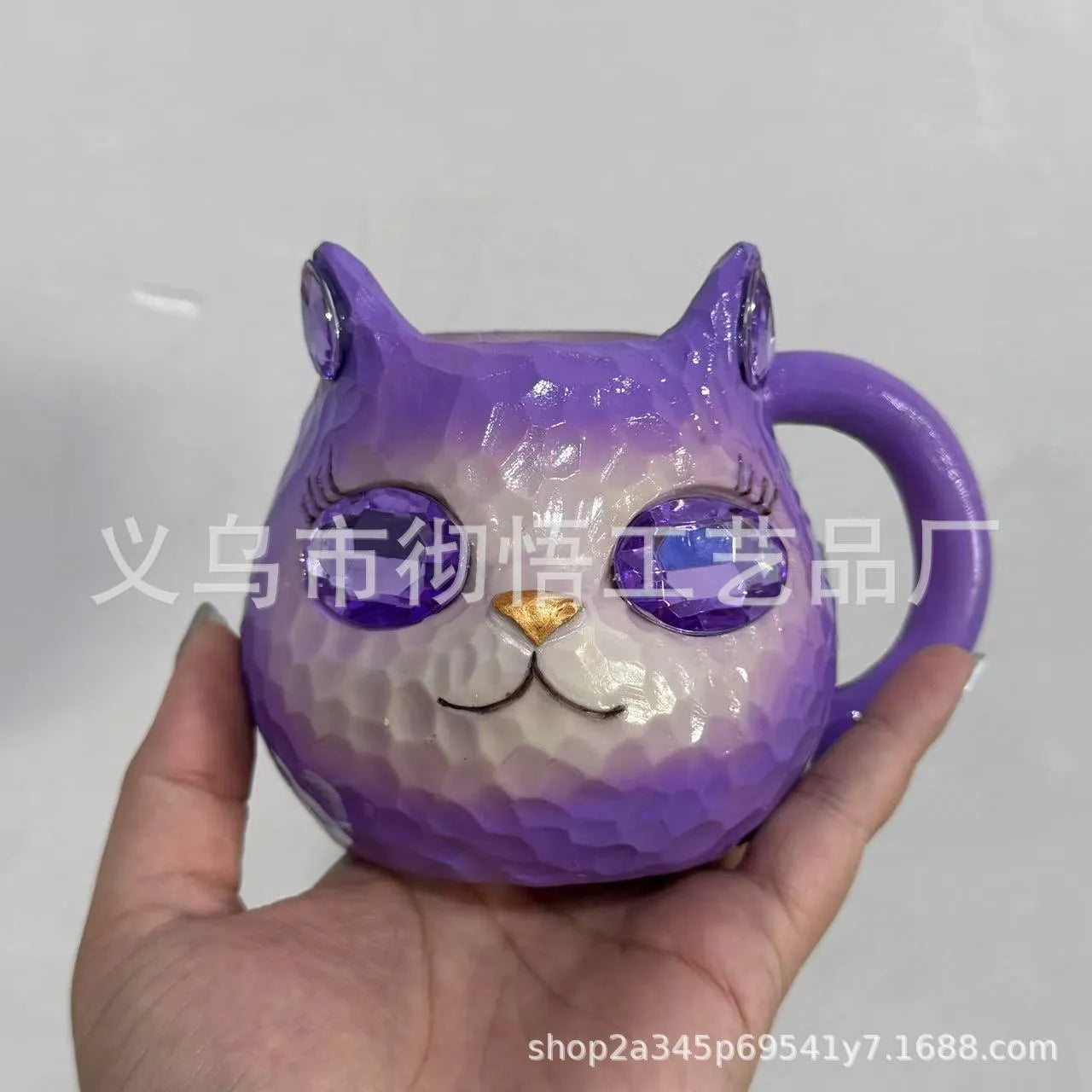 Crystal Earth Cat Cup resin crafts decorative item with cat motif in purple, green, blue, or pink colour