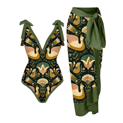 Women's solid colour one-piece swimsuit with spaghetti straps and a matching skirt.
