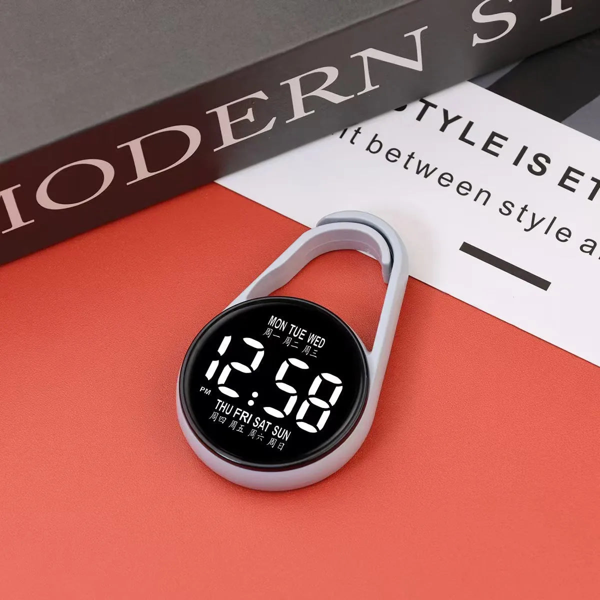 Mini digital LED electronic watch with plastic strap in various colours like fluorescent green and black on display.
