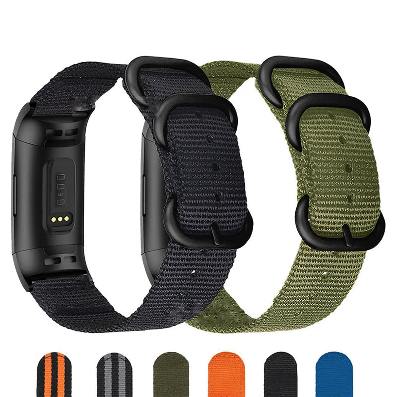 Fitbit Charge Nylon Three-ring Buckle Strap replacement band compatible with Charge 2 3 4 and 5 models in multiple colours including Army Green Black Orange Dark Blue Gray