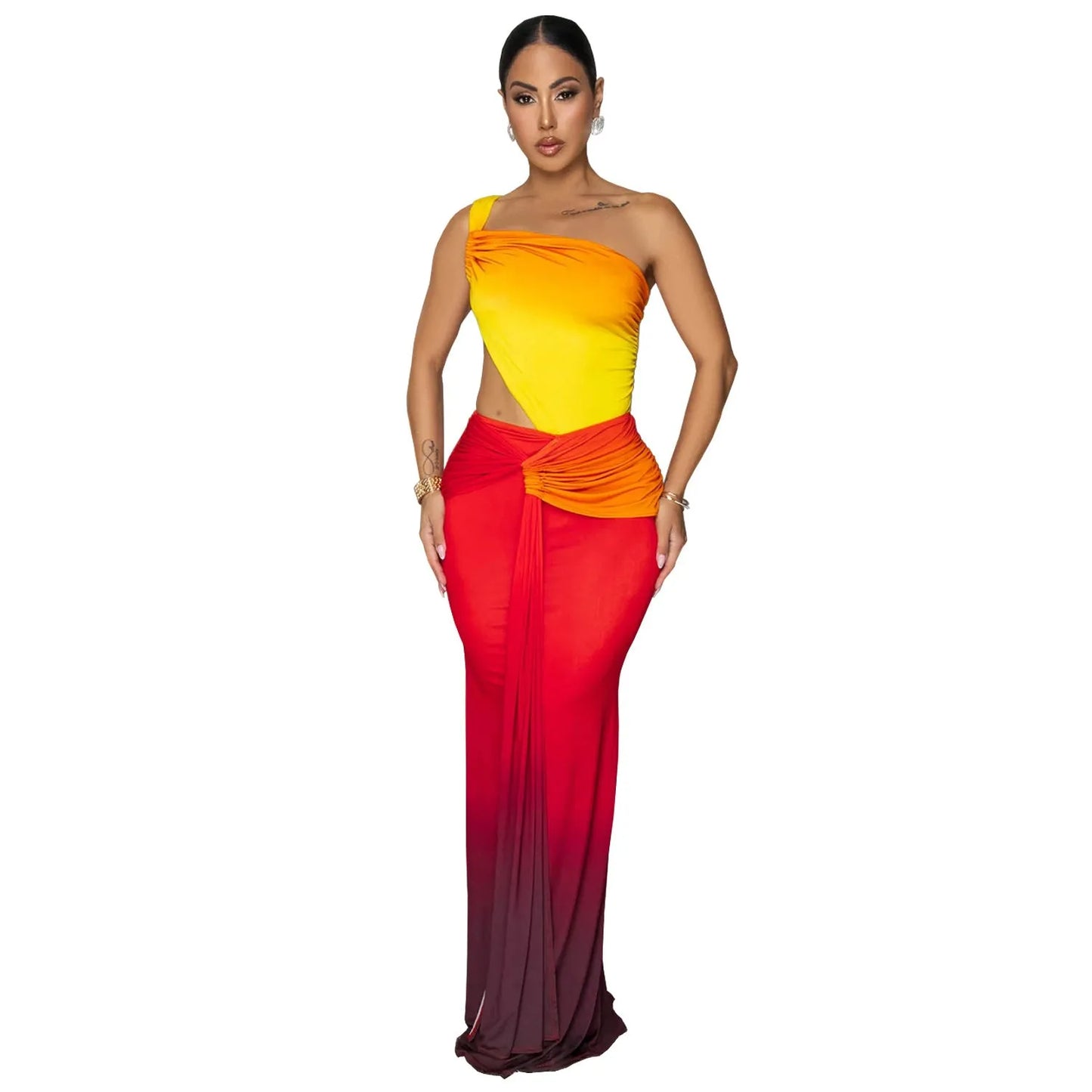 Women's gradient colour cross-shoulder dress with high waist and long skirt in green, red, or brown