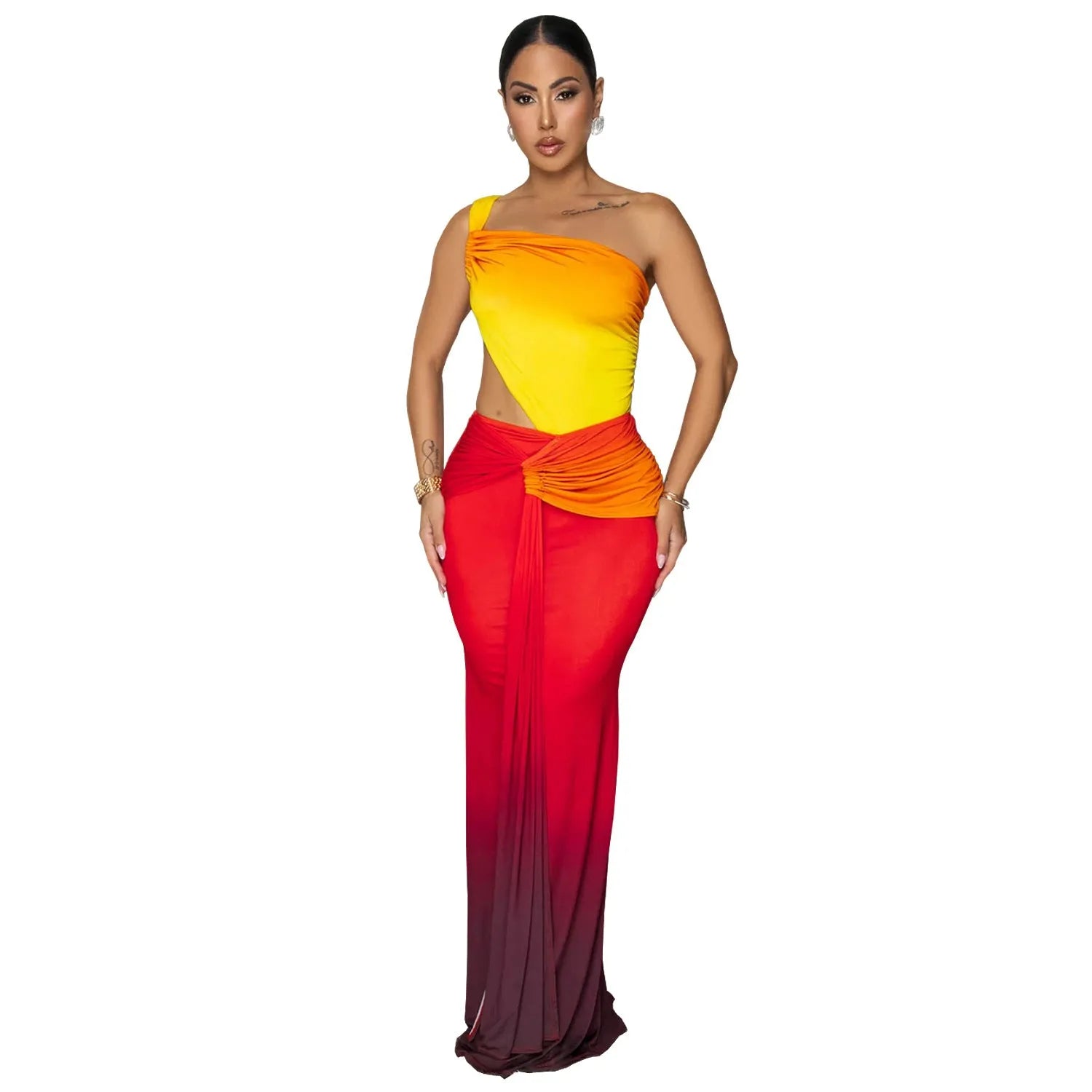 Women's gradient colour cross-shoulder dress with high waist and long skirt in green, red, or brown