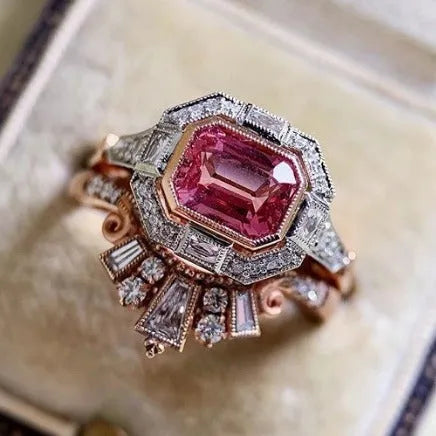 Rose gold geometric women's fashion ring with retro style design shown on finger