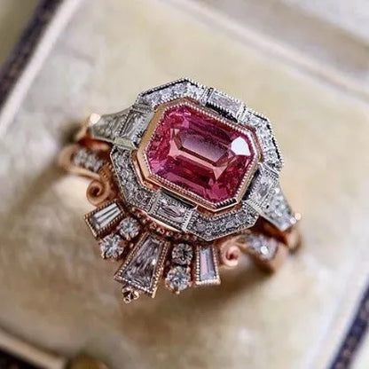 Rose gold geometric women's fashion ring with retro style design shown on finger