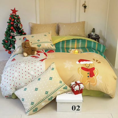 Christmas-themed four-piece bedding set with cartoon digital prints on super soft washed cotton