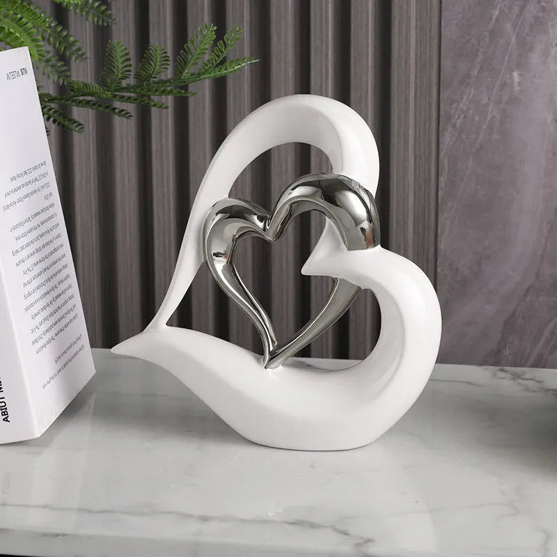 Modern geometric heart ornament in white porcelain with metallic colour finish options