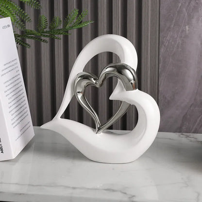 Modern geometric heart ornament in white porcelain with metallic colour finish options
