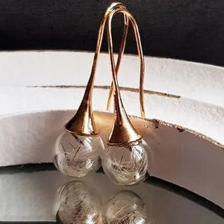 Close-up of a transparent 16mm glass ball earring with a dandelion seed inside, on a silver French hook.