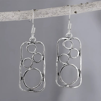 Antique silver zinc alloy round ring earrings with irregular geometric square design