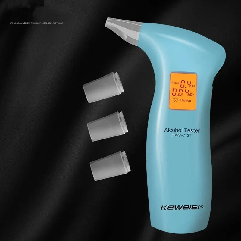 Portable orange light breath alcohol tester with replaceable mouthpieces in compact case