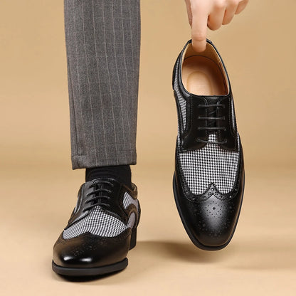 Men's imitation houndstooth casual leather shoes with canvas upper and rubber sole in black colour