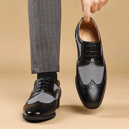 Men's imitation houndstooth casual leather shoes with canvas upper and rubber sole in black colour