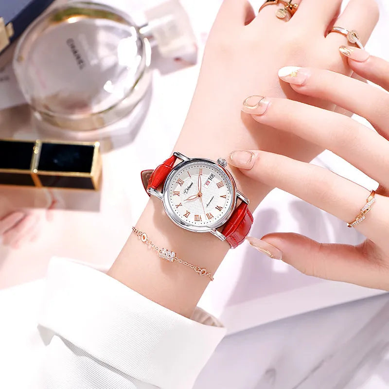 Women's automatic mechanical watch with 12mm thickness showing steel belt and leather strap options in various colours