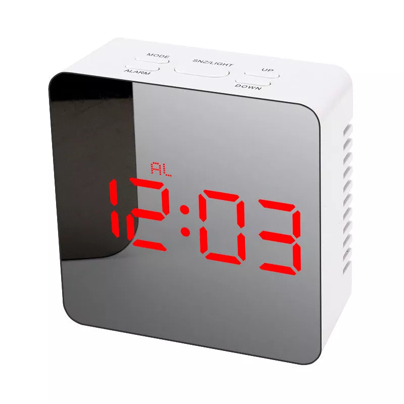 LED Digital Mirror Alarm Clock with customizable light colors on a desktop