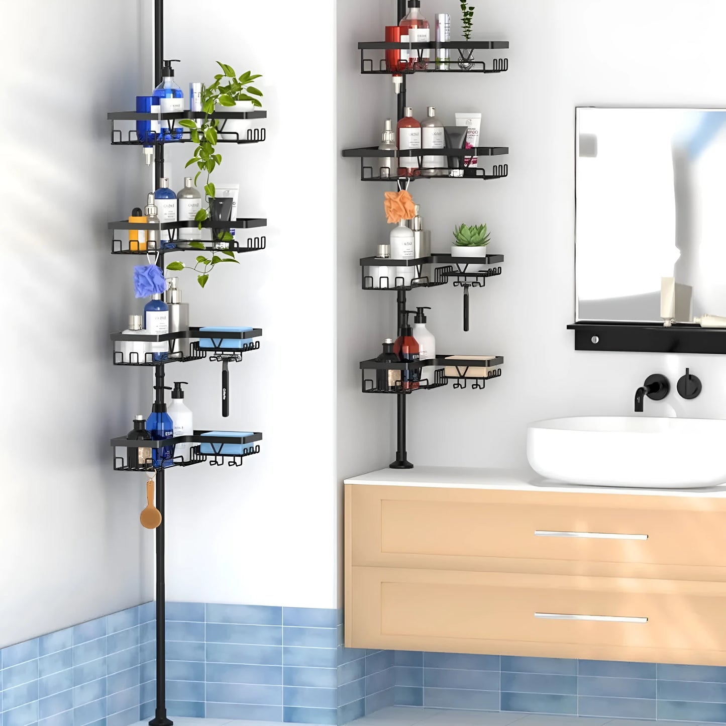 Stainless steel retractable bathroom storage rack with four shelves and hole-free installation