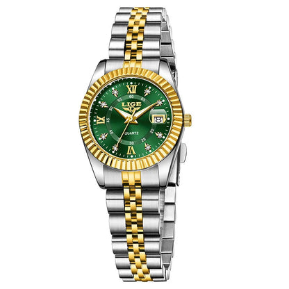 Waterproof leisure couple quartz watch in gold white colour with 10mm thickness on wrist
