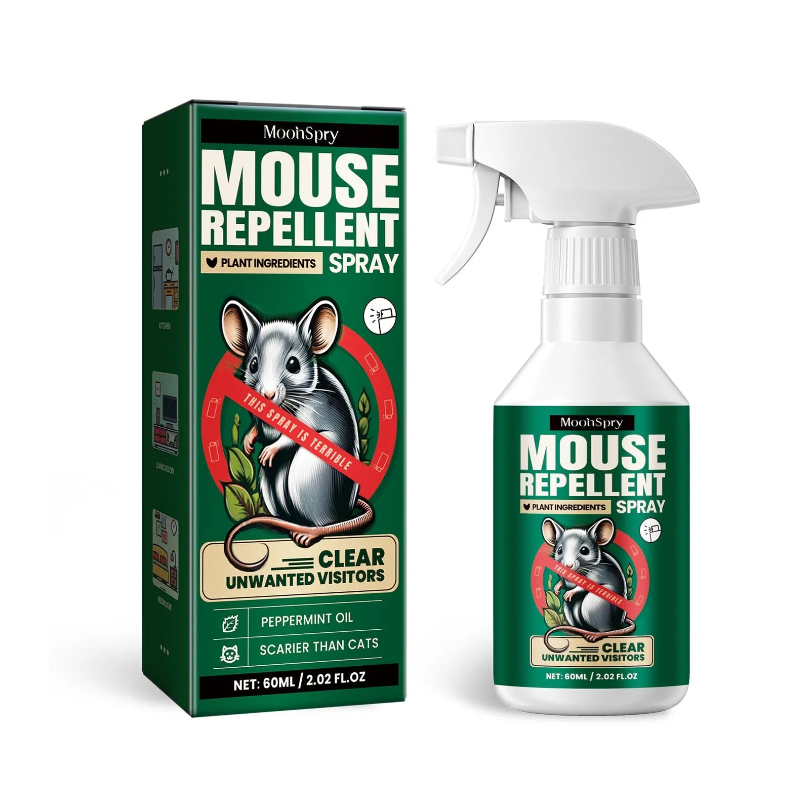 60ml natural rat repellent spray bottle with clove and peppermint oils for outdoor and car use