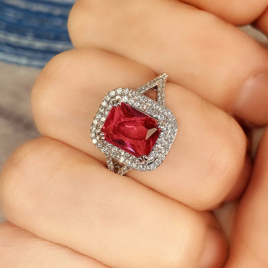 Copper rhinestone square princess ring with 12mm stone in F827 red, geometric design, UK sizes 6-10